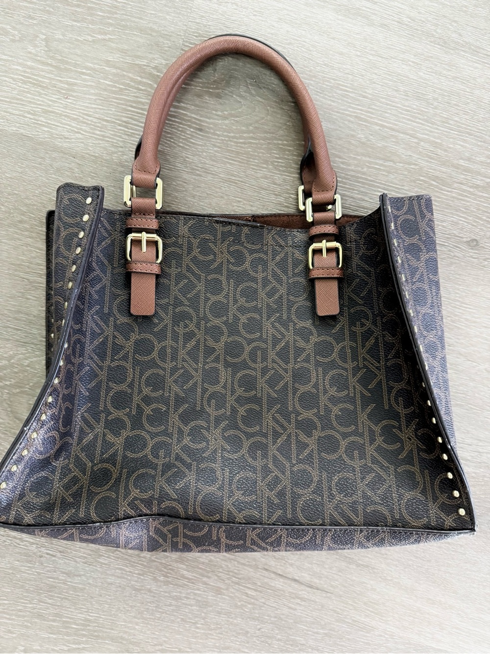 Calvin Klein Brown Monogram Tote with Gold-Tone Hardware